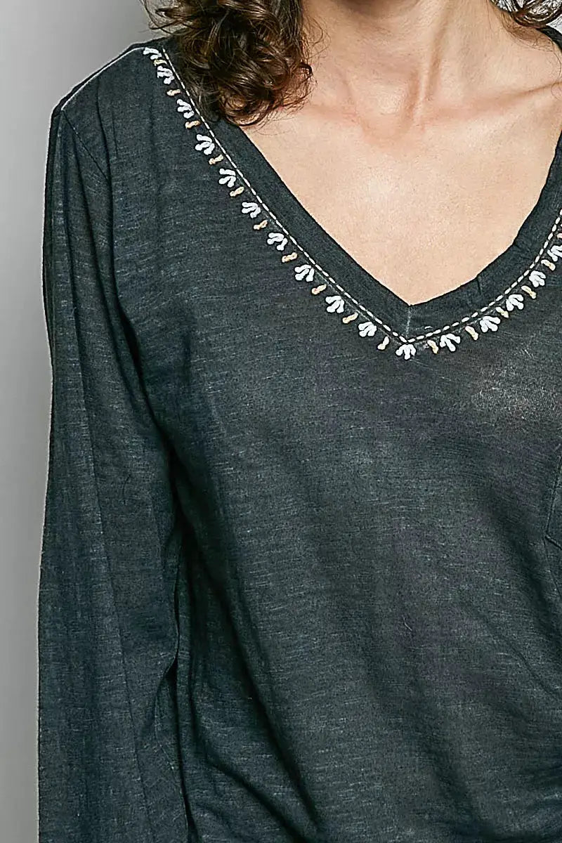POL Contrast Stitch V-Neck Lightweight Knit Long Sleeve Top by Trendsi