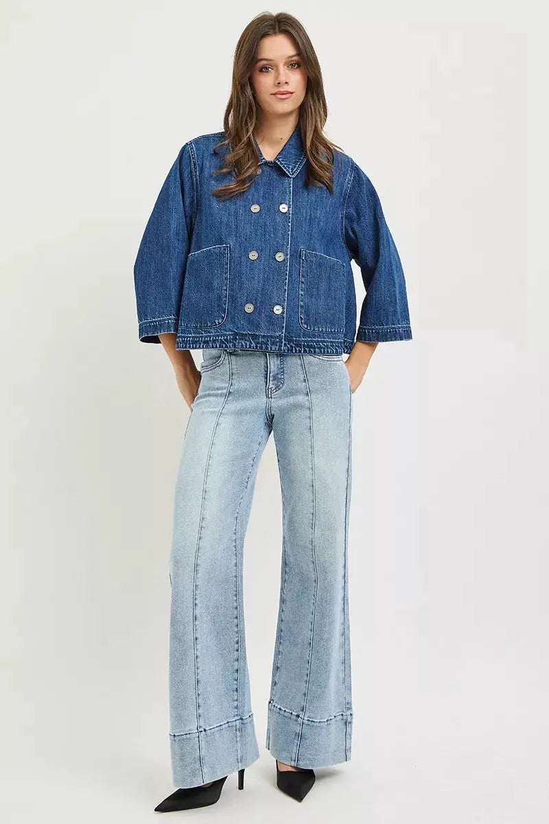 RISEN Double-Breasted Flowy Cropped Denim Jacket by Trendsi