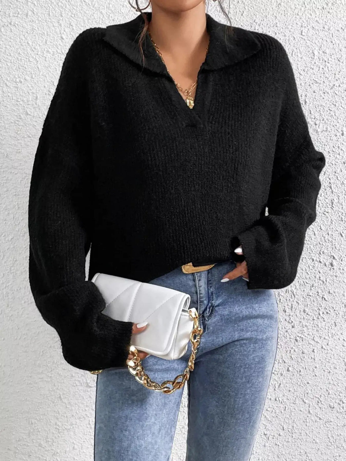 Ribbed Knit Dropped Shoulder Sweater by Trendsi
