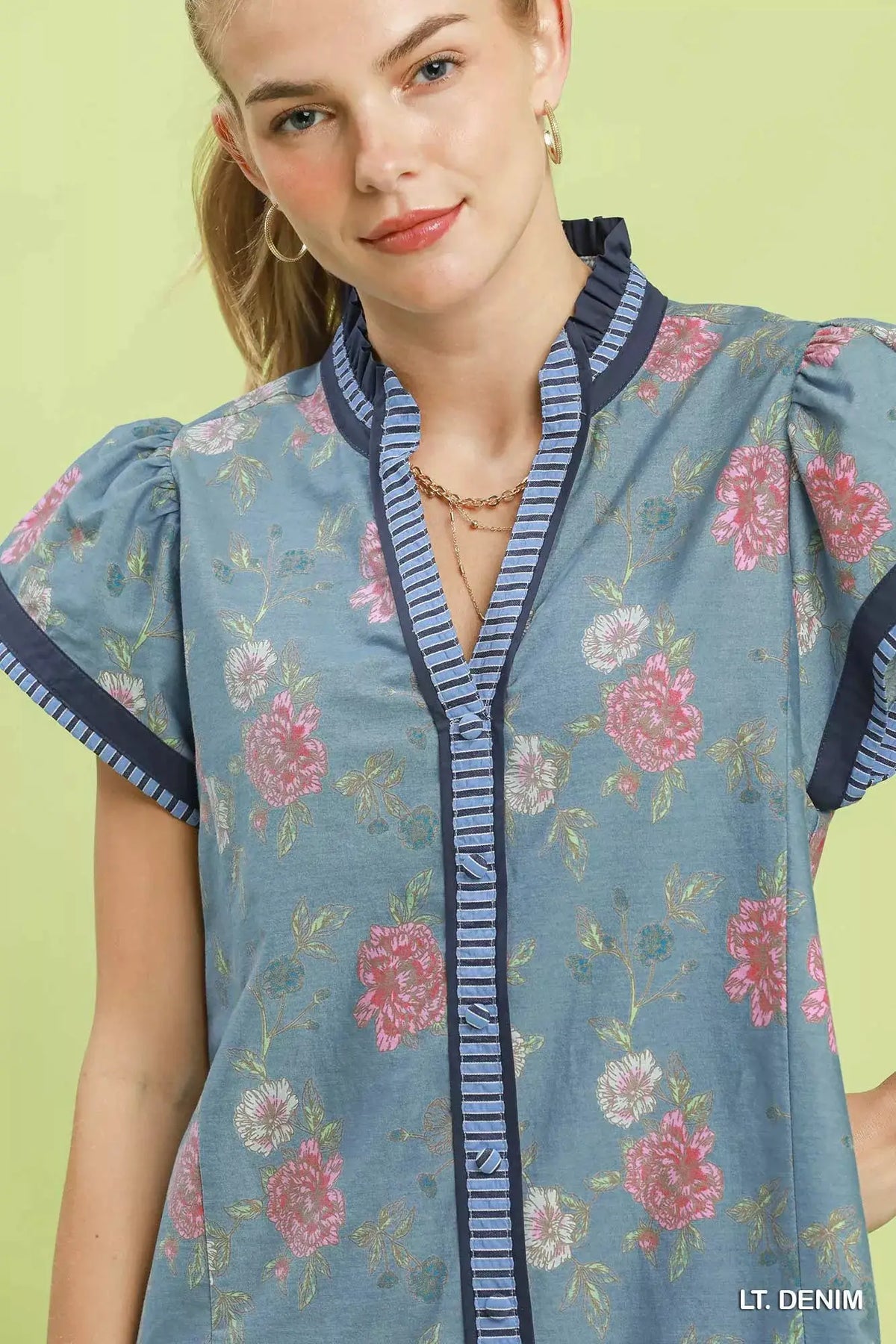 Umgee Floral Contrast Trim Ruffle Hem Mini Dress by Trendsi