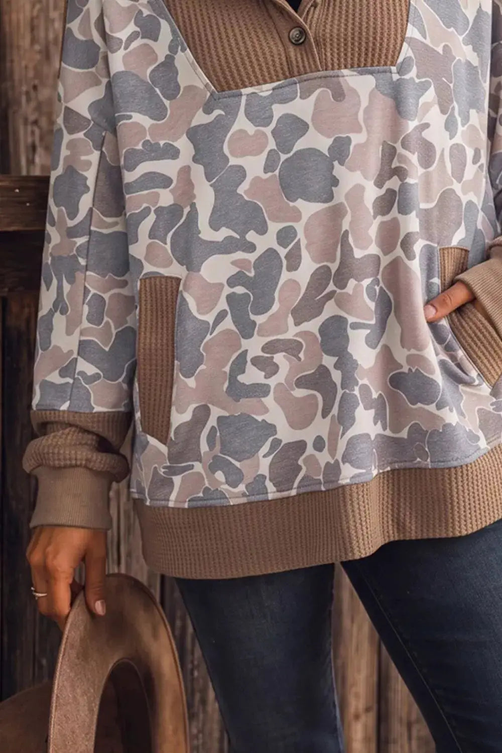Camouflage Print Waffle Knit Patchwork Half Zip Hoodie by Trendsi