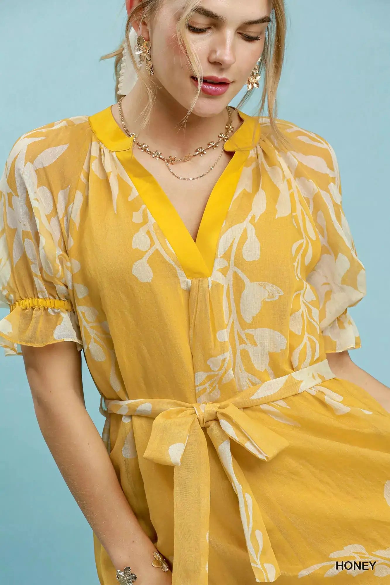 Umgee Floral Print Tie Waist Midi Dress with Side Pockets by Trendsi