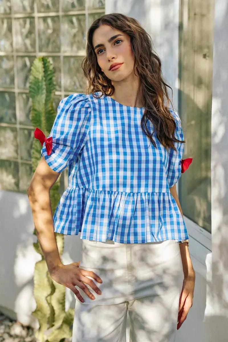 SO ME 4th Of July Gingham Ribbon Detail Short Sleeves Blouse by Trendsi