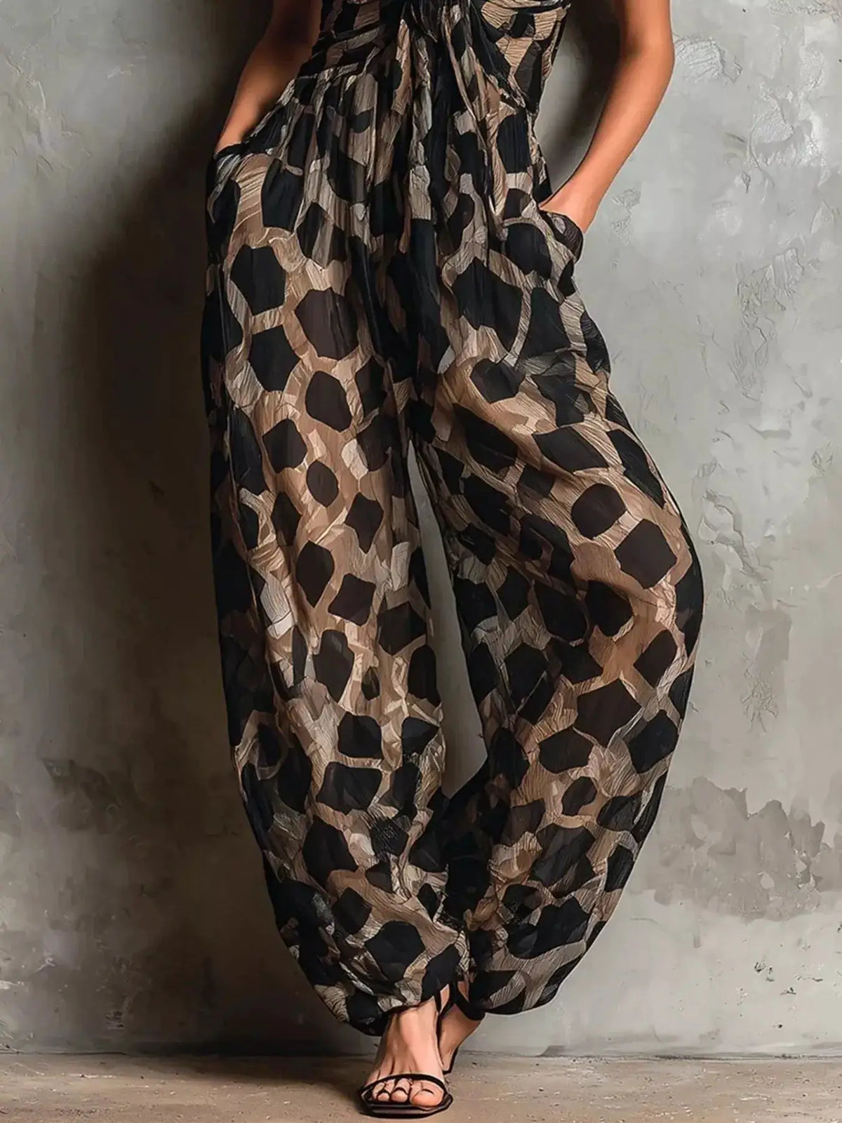 Leopard Front Tie Detail Wide-Leg Jumpsuit by Trendsi