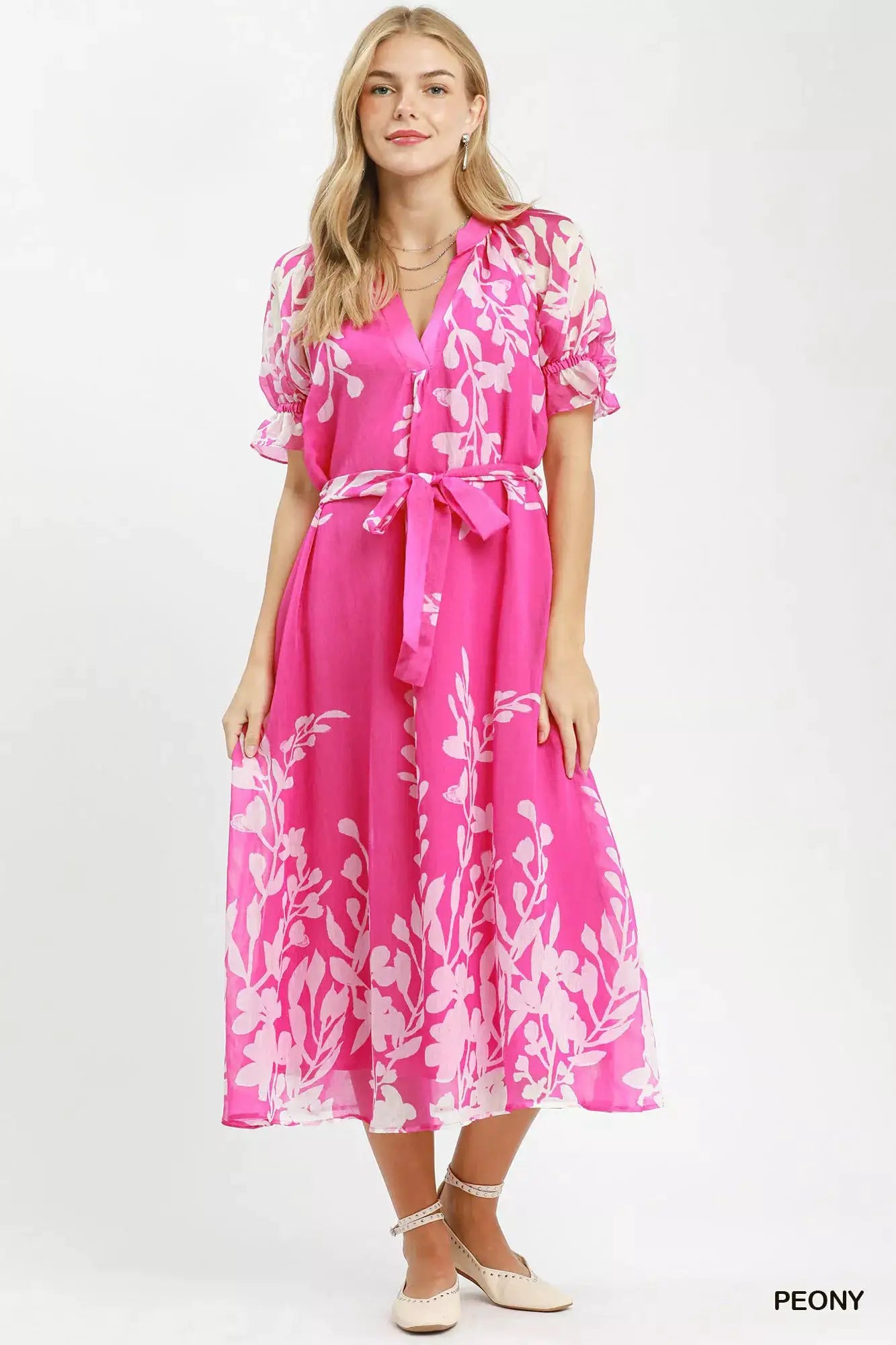 Umgee Floral Print Tie Waist Midi Dress with Side Pockets by Trendsi