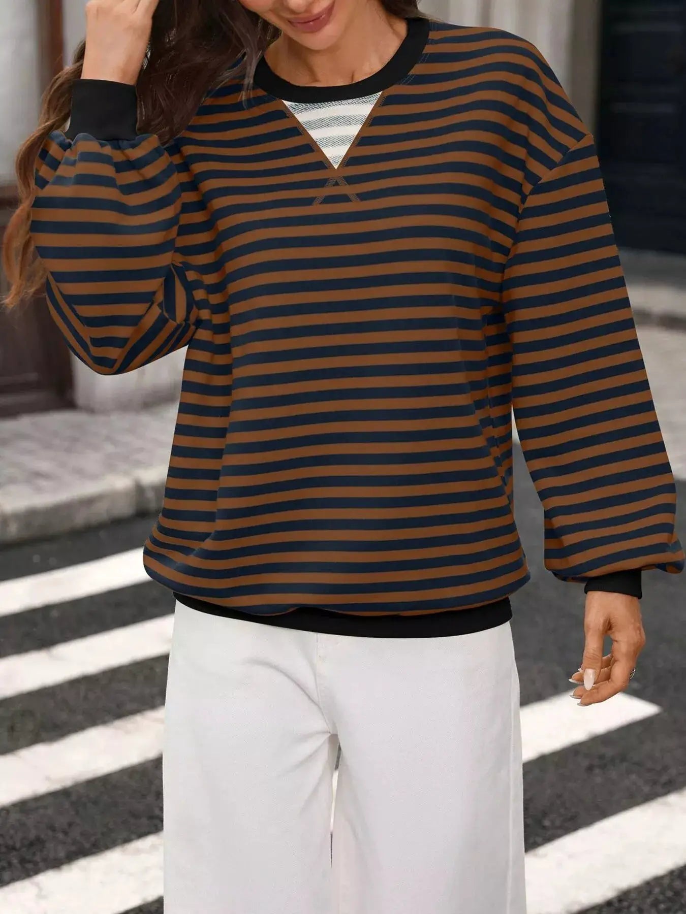Contrast Trim Striped Crew Neck Sweatshirt by Trendsi