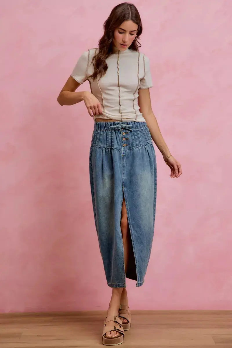 SO ME Pleated Washed Denim Skirt With Front Slit by Trendsi