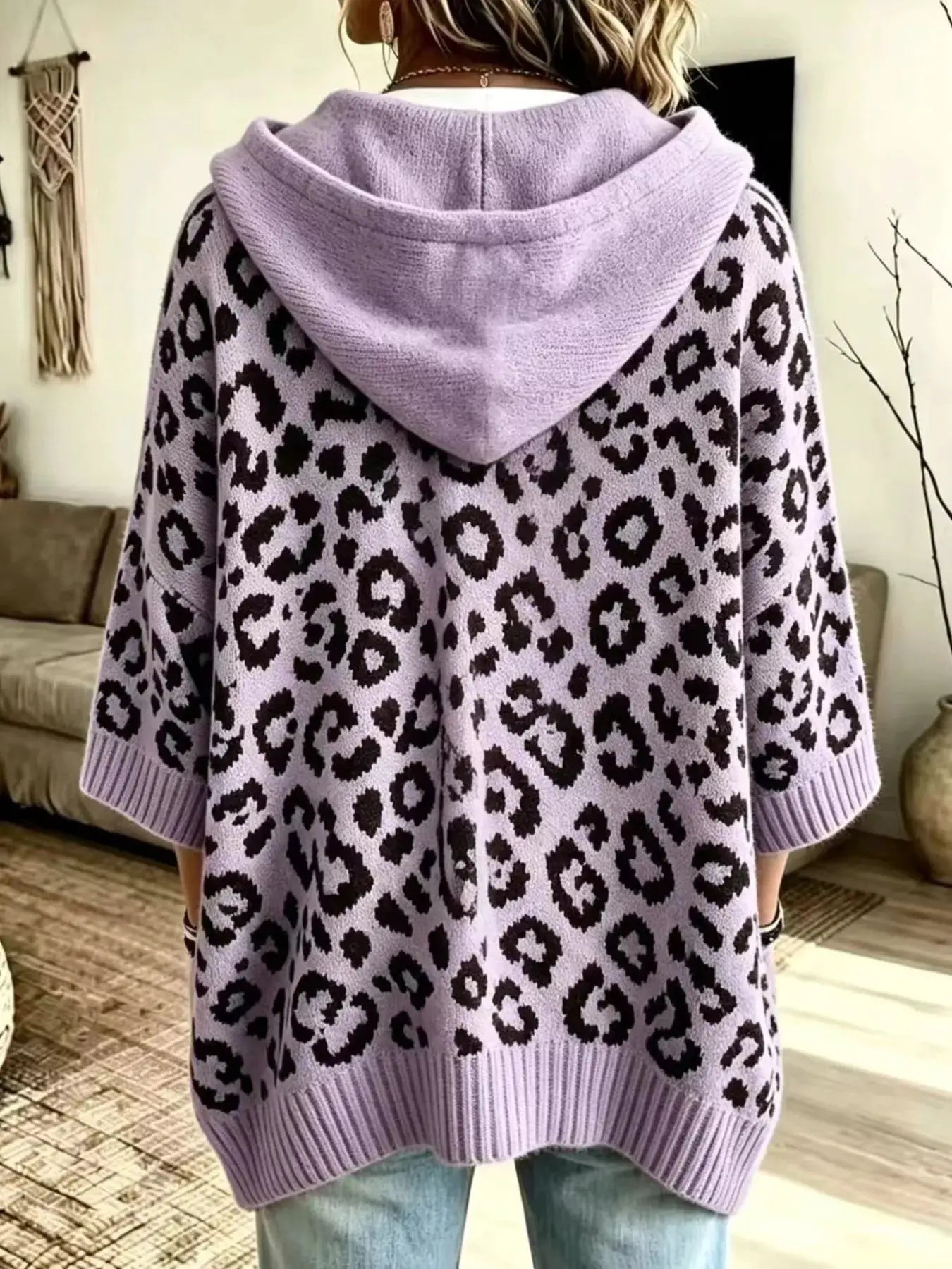 Drawstring Leopard Hooded Sweater by Trendsi