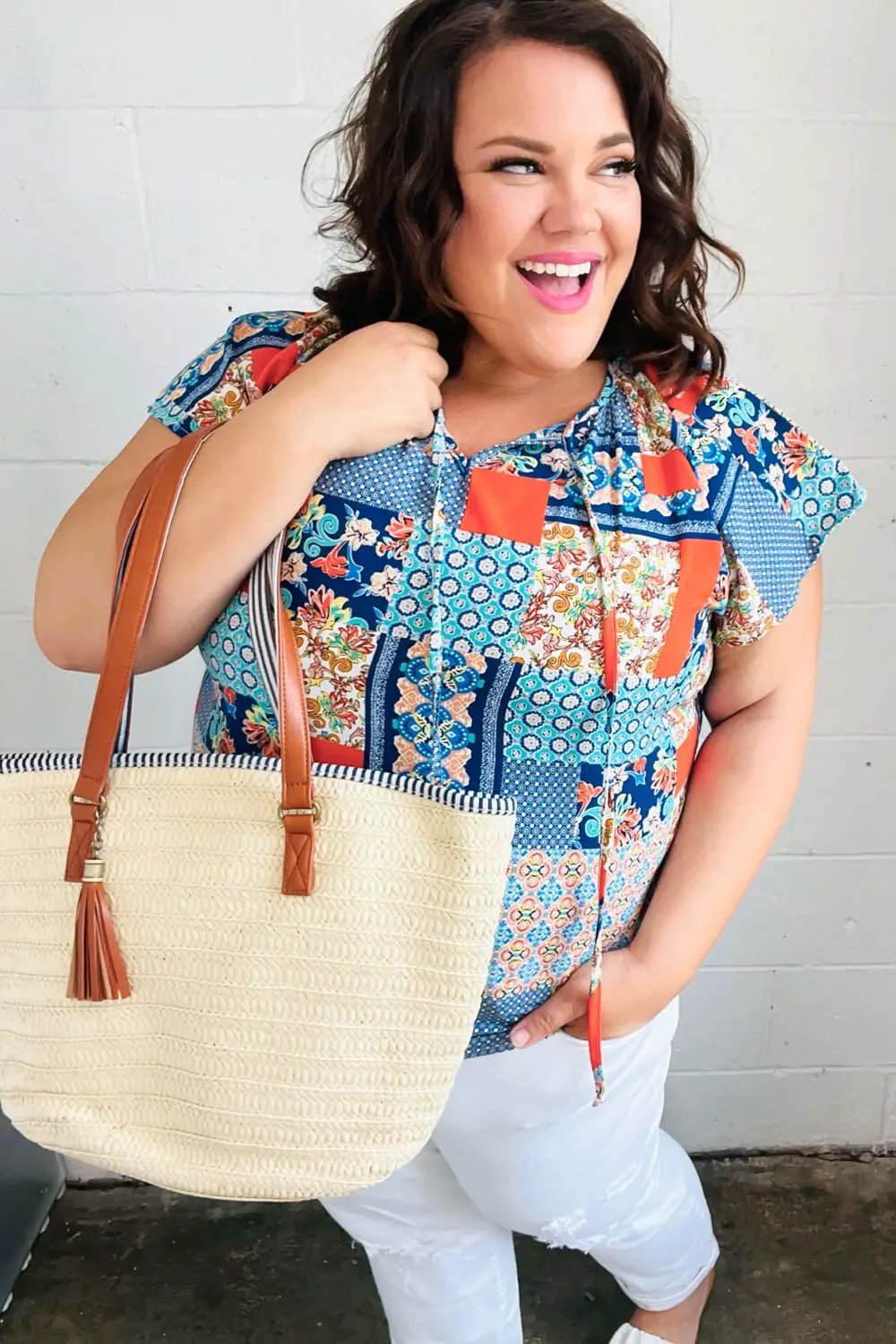 Blue & Orange Boho Patchwork Raglan Top by Haptics