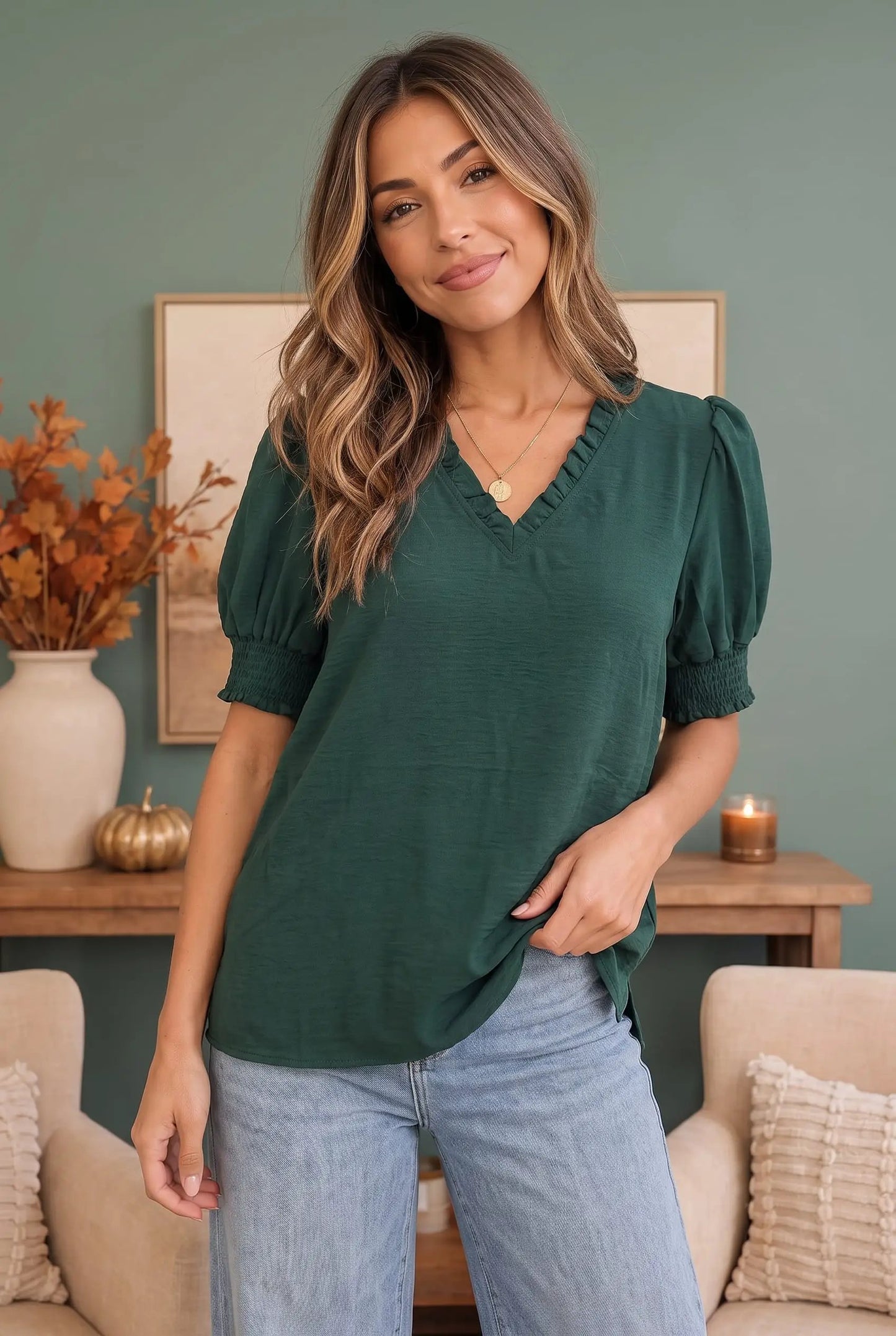 When We Met Ruffle V-Neck Puff Sleeve Top by JODIFL