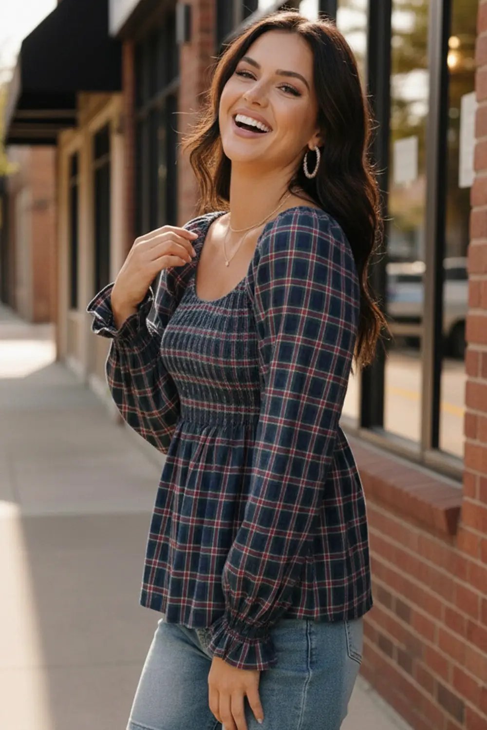 Sweetheart Smocked Navy Plaid Top by Haptics