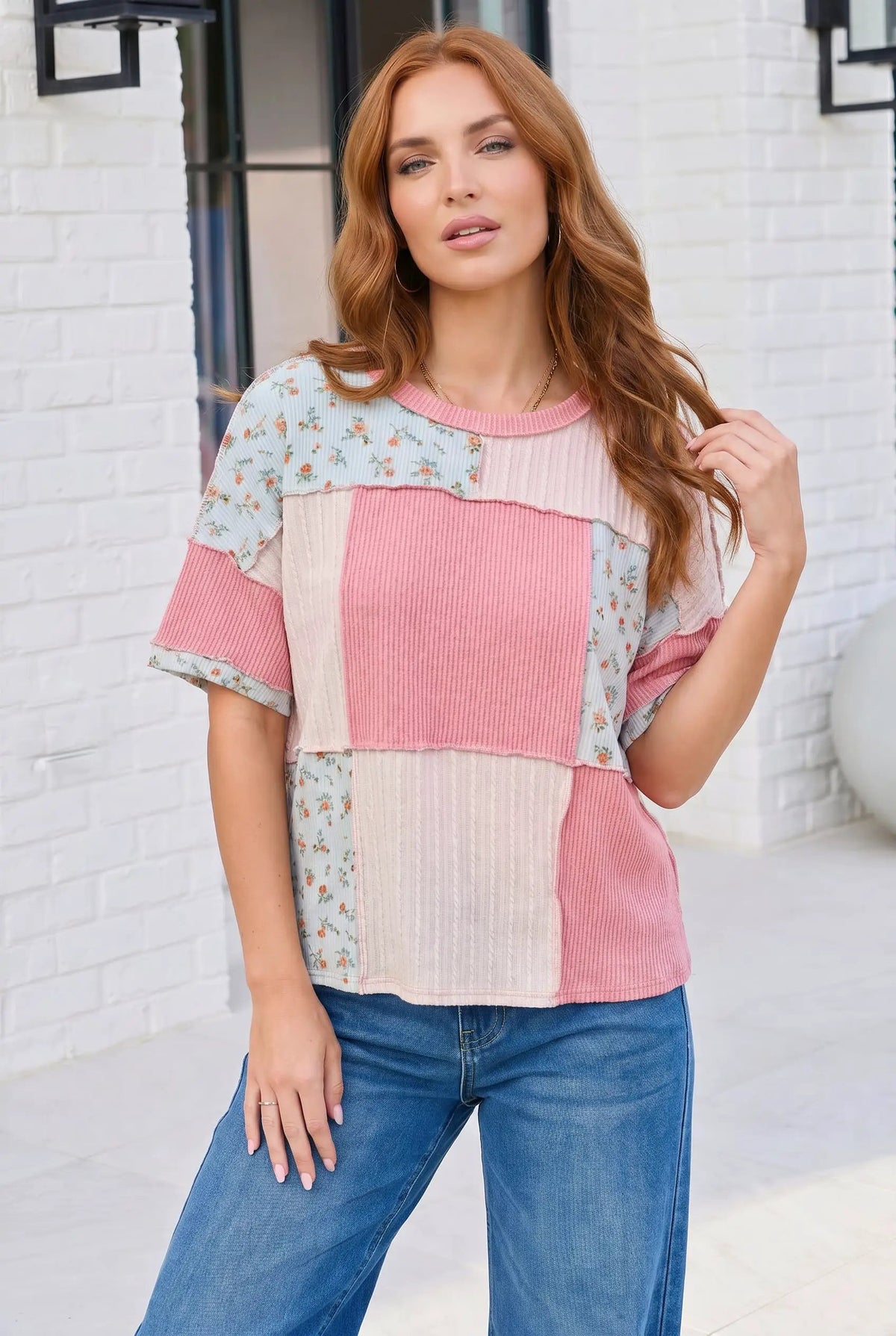 Patchwork Floral Ruffle Top in Pink and Blue by Haptics