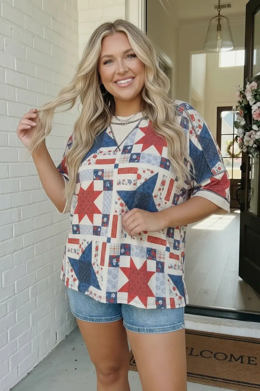 Stars and Patches Quilted Print Top by Haptics