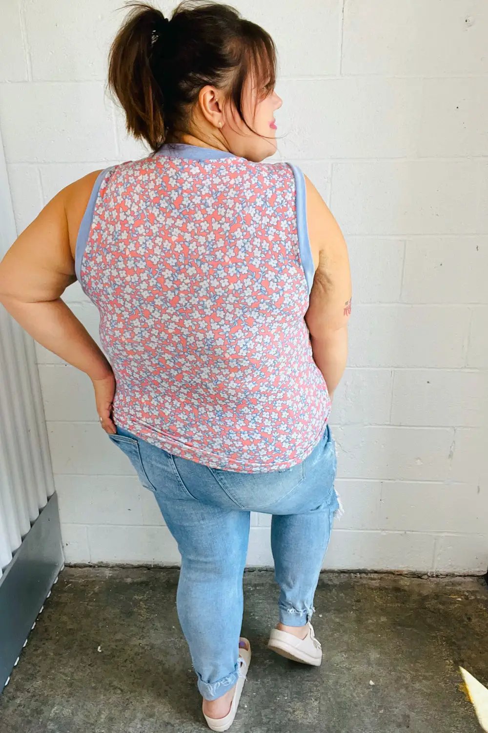 Coral & Denim Stripe Floral Print Tank Top by Sugarfox