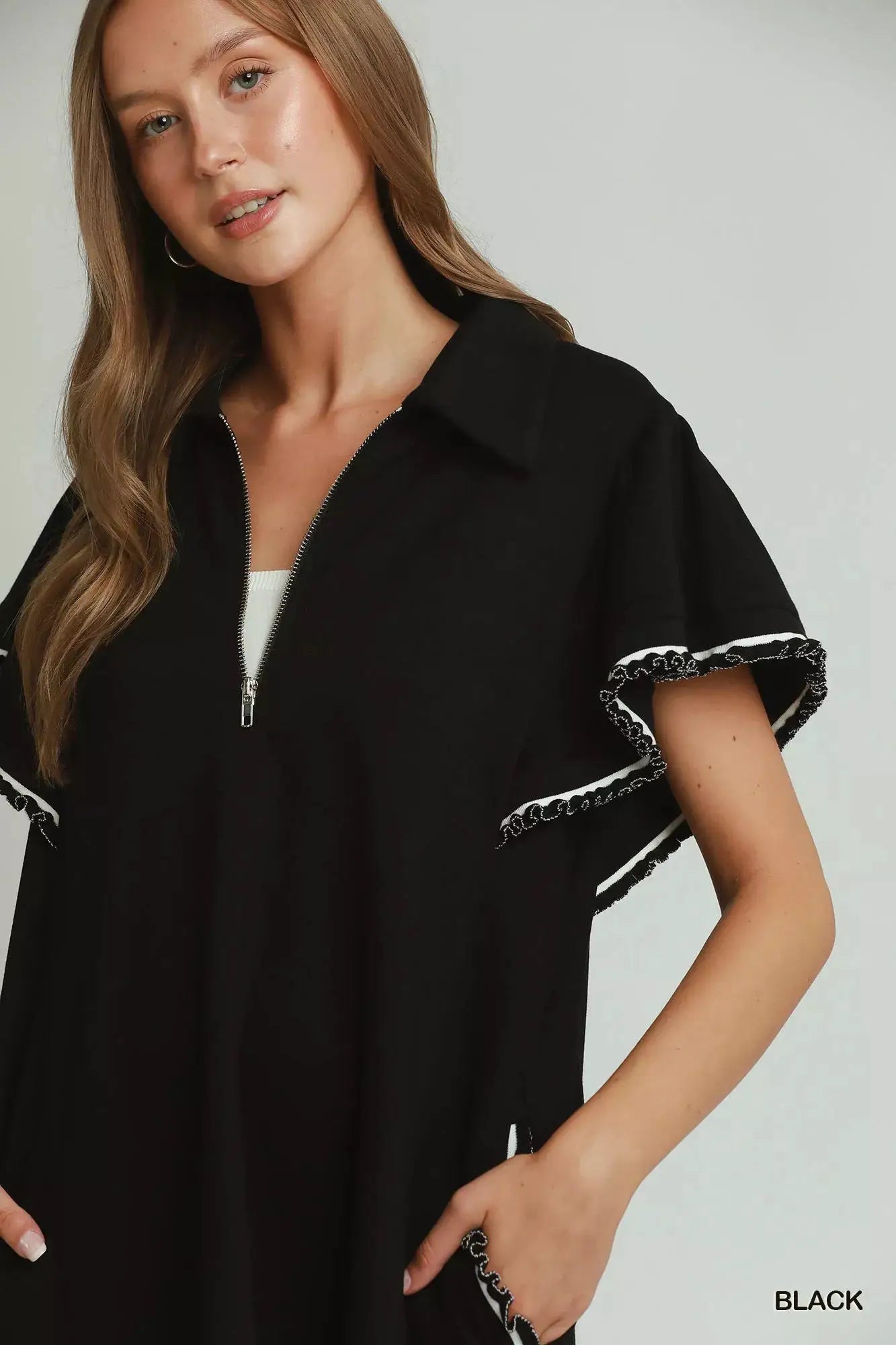 Umgee Half Zip Ruffle Rib Band Butterfy Sleeve Mini Dress with Pockets by Trendsi