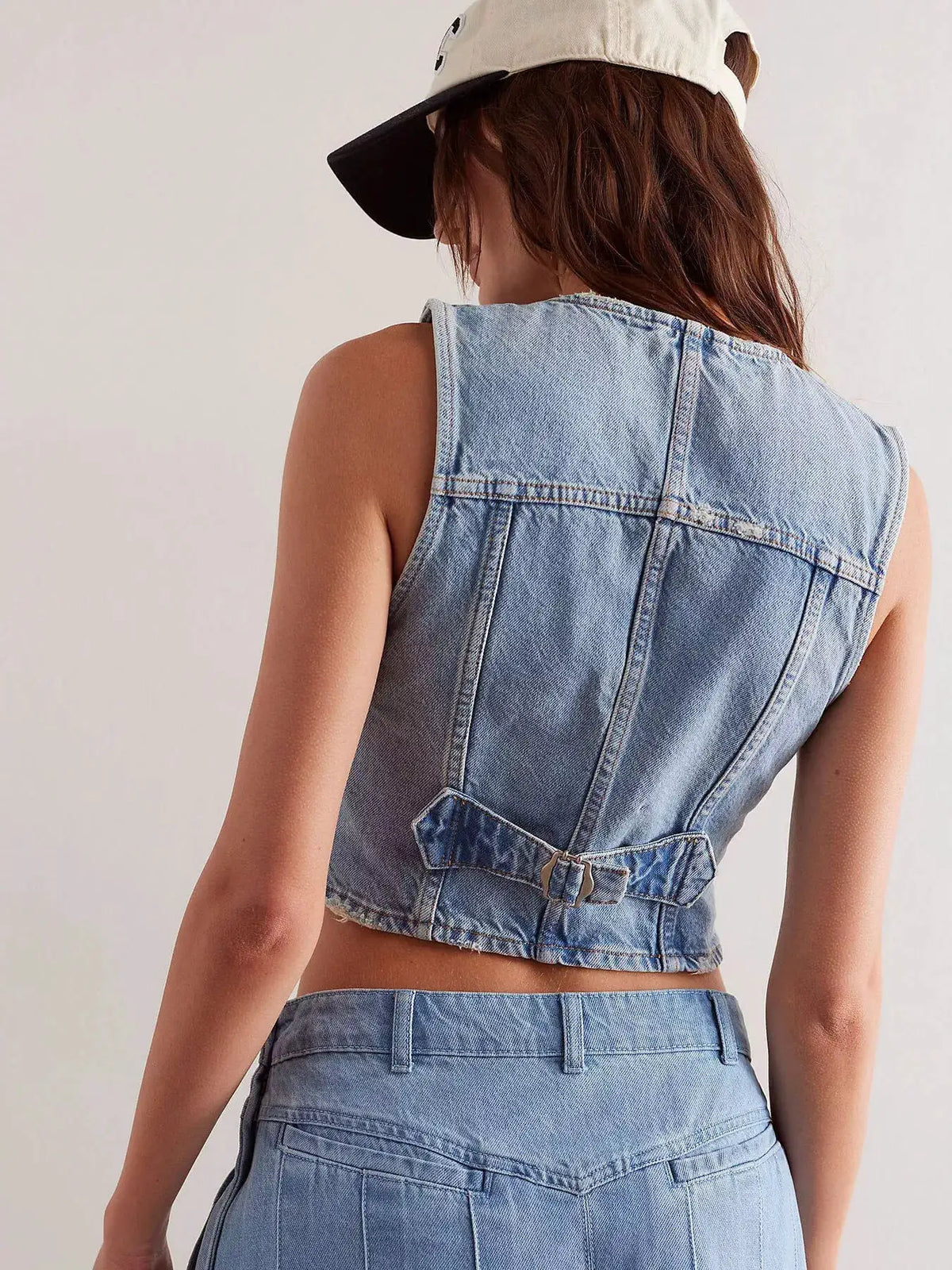 Acid Wash Button Front V-Neck Sleeveless Cropped Denim Vest by Trendsi