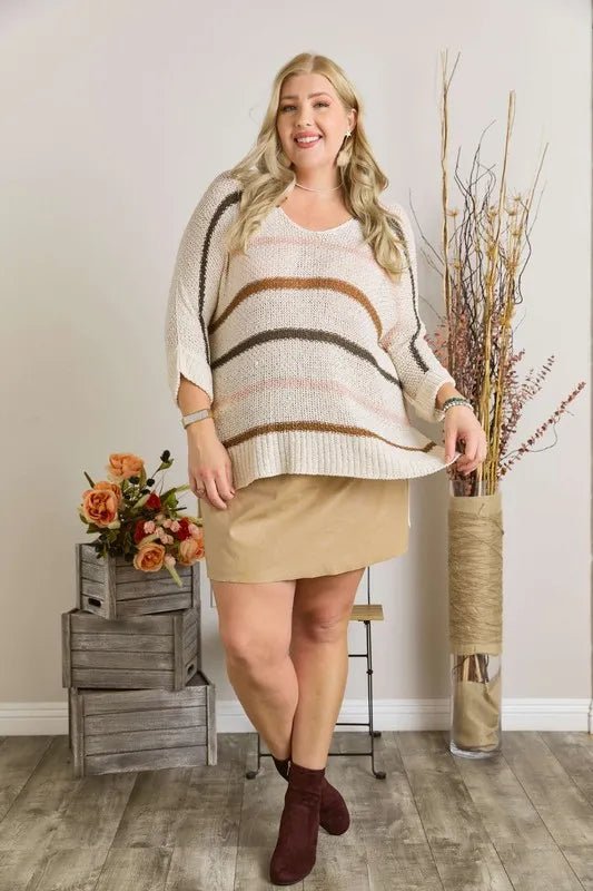ADORA Full Size Multi Color Strip Sweater - Bitsy Gypsy Boutique