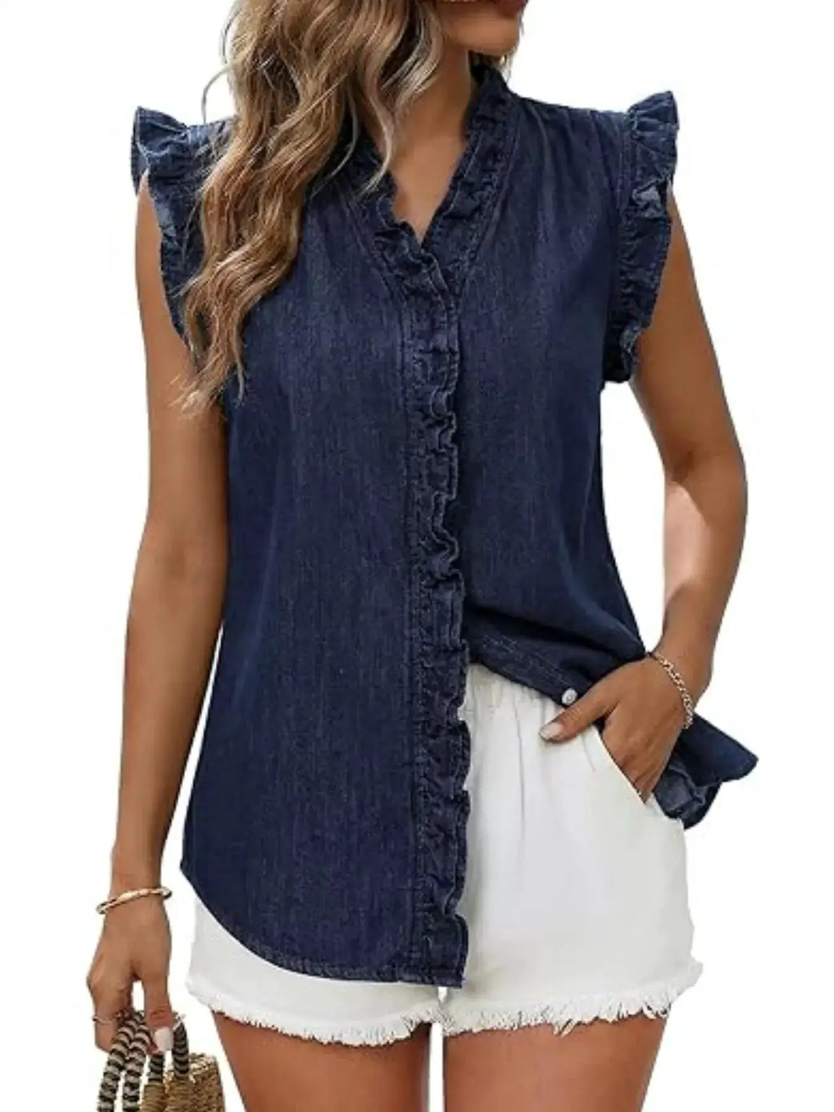 Ruffle Trim V-Neck Sleeveless Denim Top by Trendsi