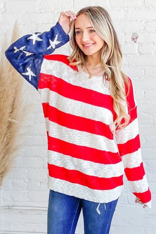 And The Why American Flag Long Sleeve Sweater - Bitsy Gypsy Boutique