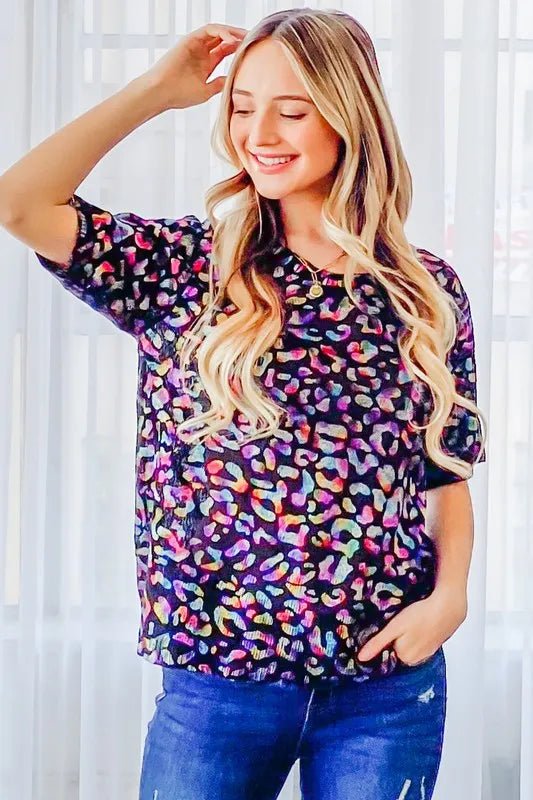 And The Why Leopard Foil Printed Half Sleeve Summer Sweater - Bitsy Gypsy Boutique