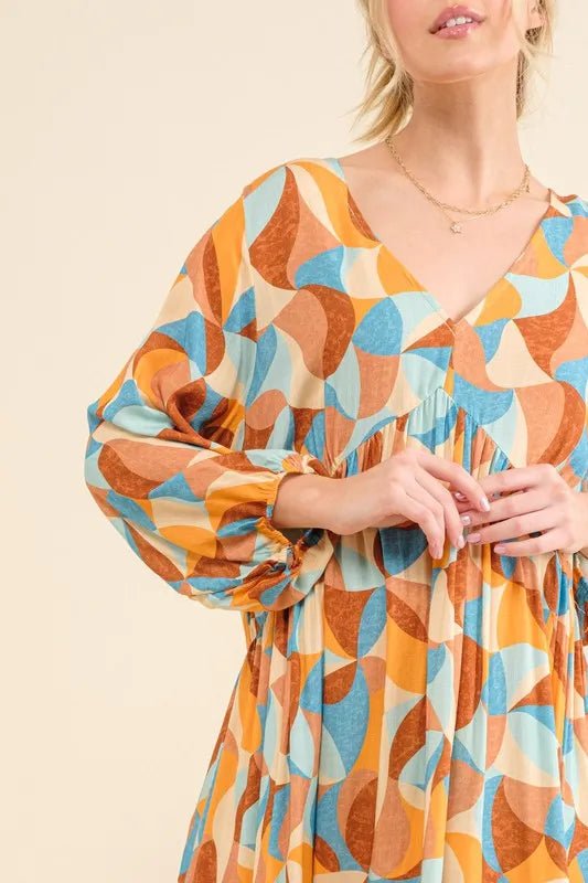 And The Why Printed Open Back Puff Sleeve Casual Dress - Bitsy Gypsy Boutique