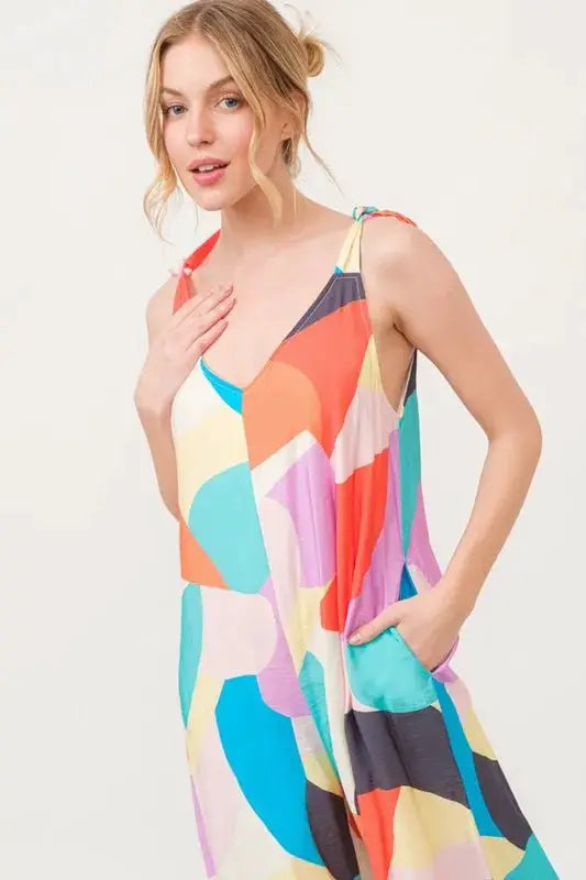 And The Why Tied Shoulder Straps Wide-Leg Geo Print Jumpsuit by Trendsi