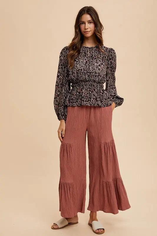 Annie Wear Abstract Print Balloon Sleeve Peplum Blouse by Trendsi