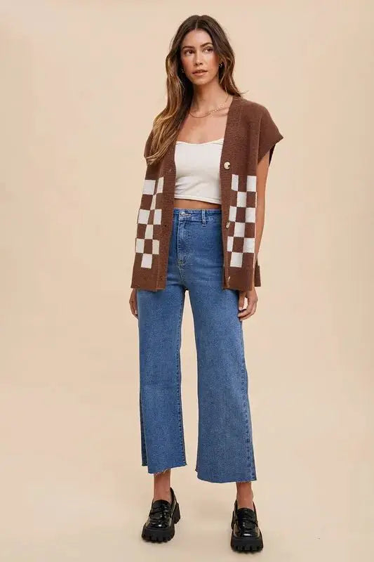 Annie Wear Checkered Button Down Short Sleeve Cardigan by Trendsi
