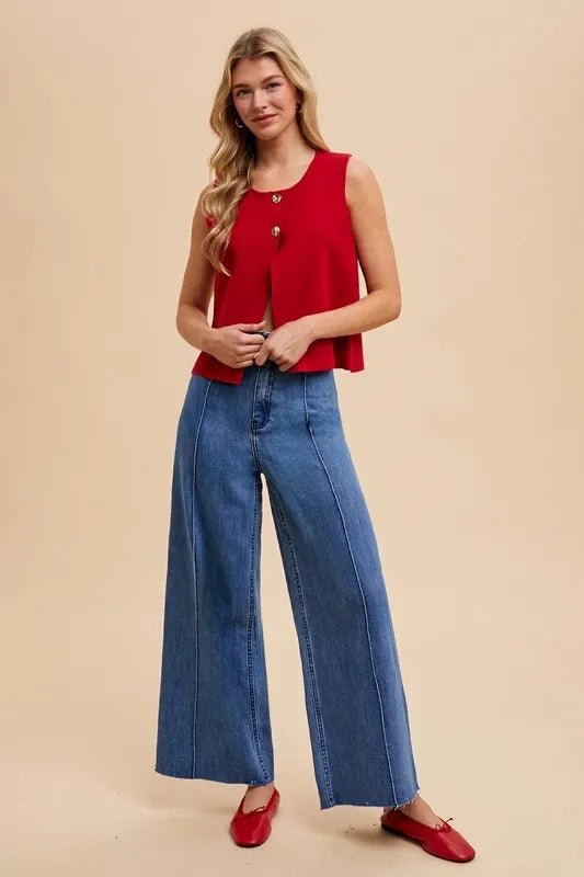 Annie Wear Metal Button Detail Crop Sweater Vest - Bitsy Gypsy Boutique