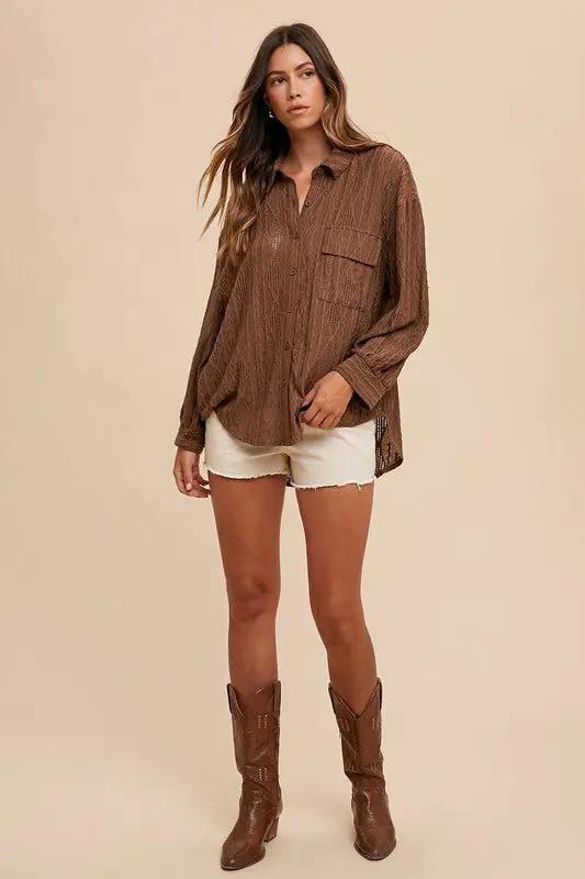 Annie Wear Openwork Button Down Drop Shoulder Shirt by Trendsi