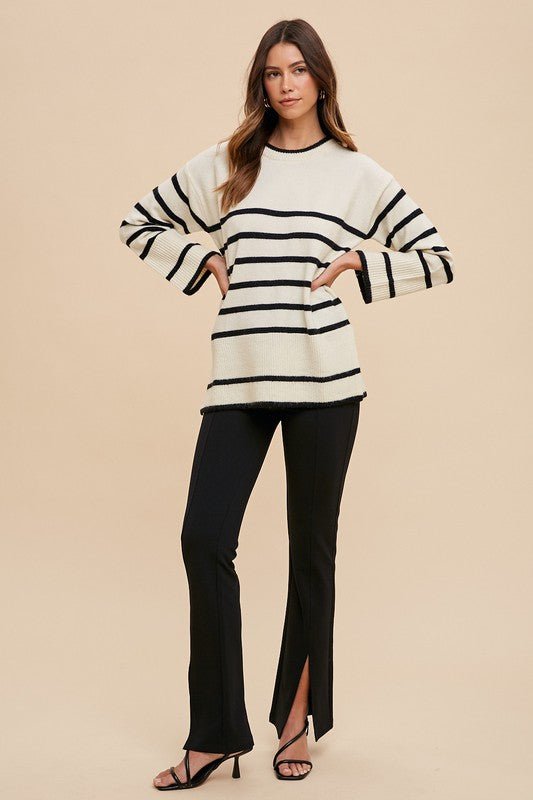 Annie Wear Side Slit Striped Round Neck Sweater - Bitsy Gypsy Boutique