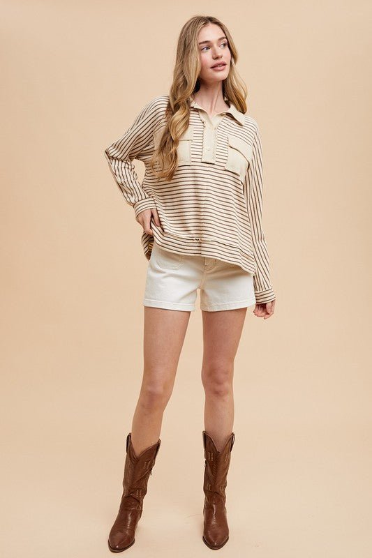 Annie Wear Striped Button Detail Long Sleeve Polo Top - Bitsy Gypsy Boutique