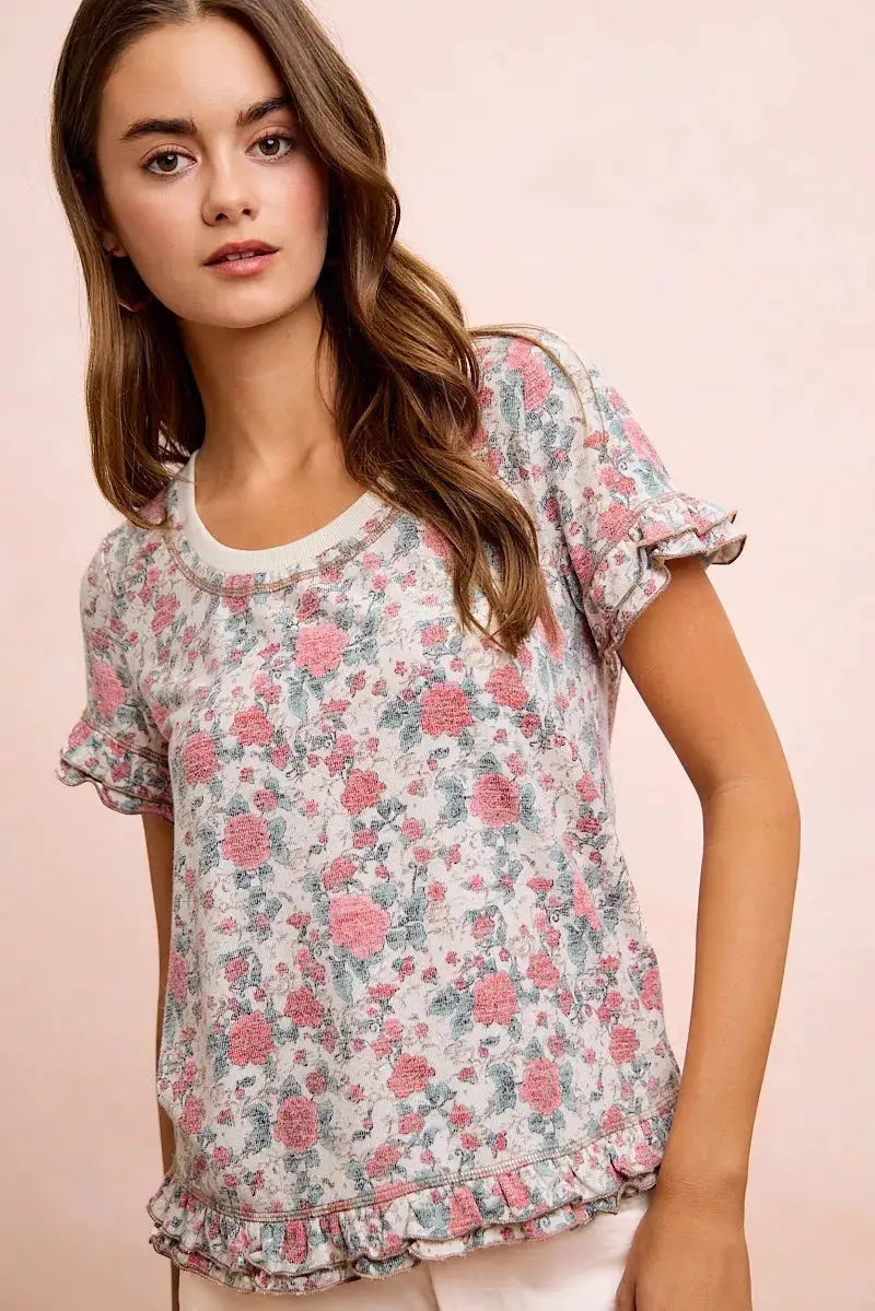 BiBi Rose Printed Slub Knit Ruffled Sleeves Top by Trendsi