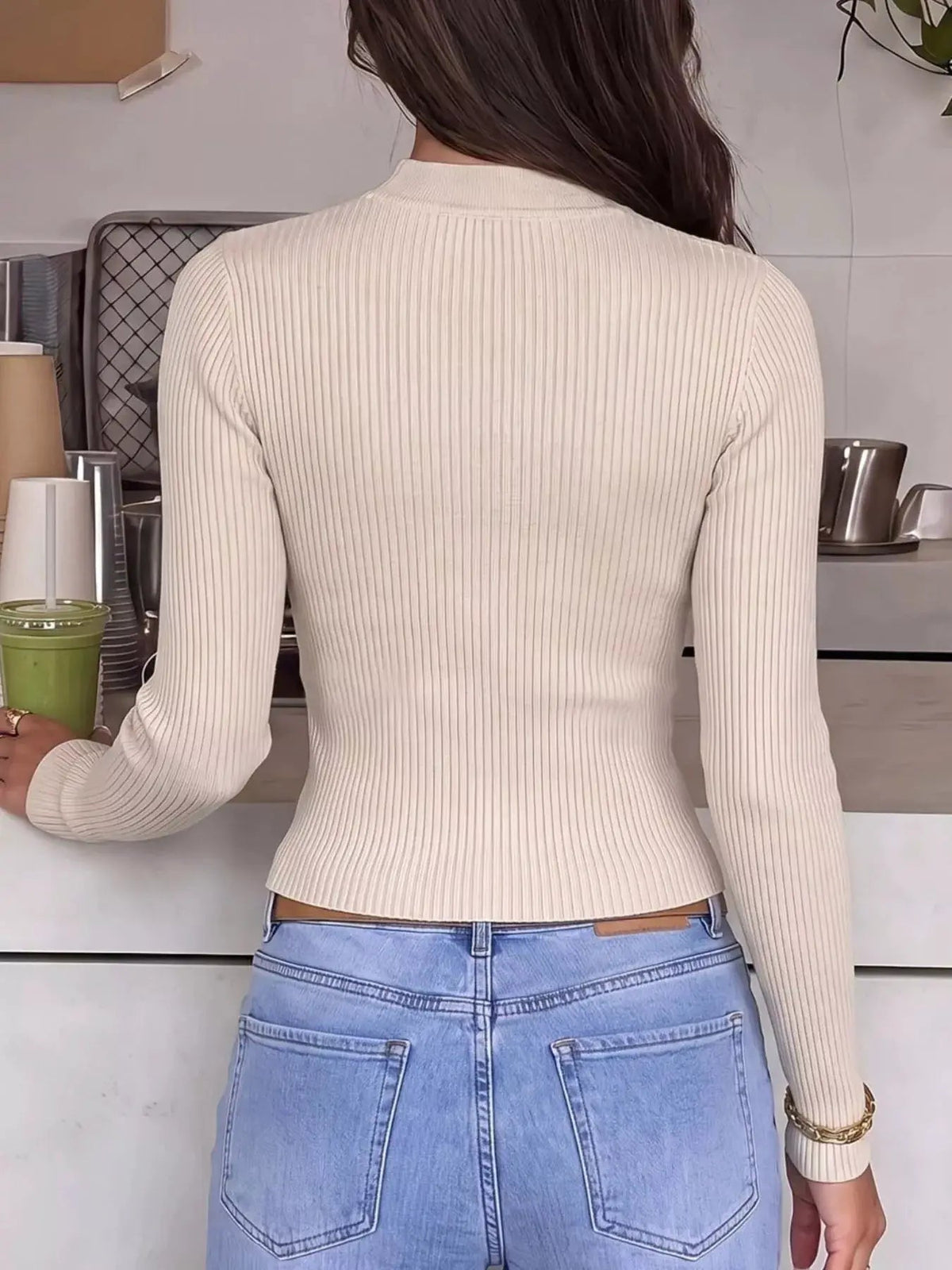 Beige Chinese Knot Cutout Ribbed Long Sleeve Top - Bitsy Gypsy Boutique