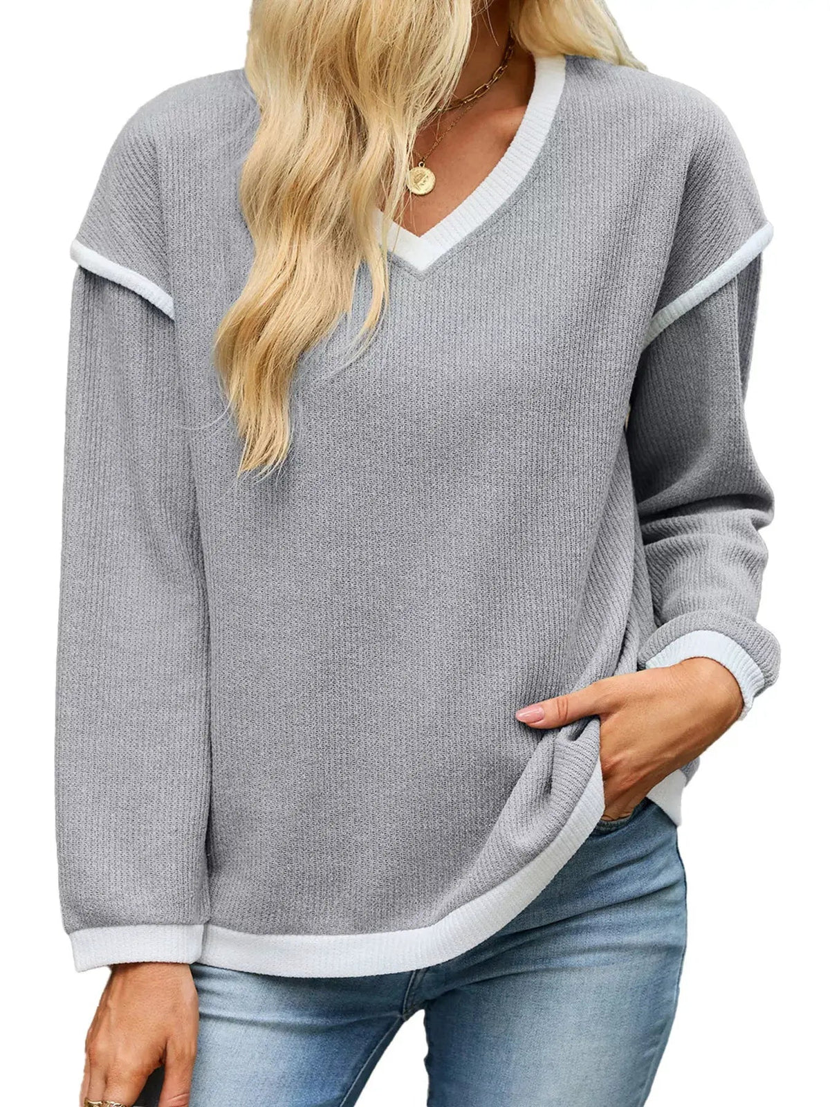 Beige V-Neck Dropped Shoulder Contrast Trim Sweater - Bitsy Gypsy Boutique