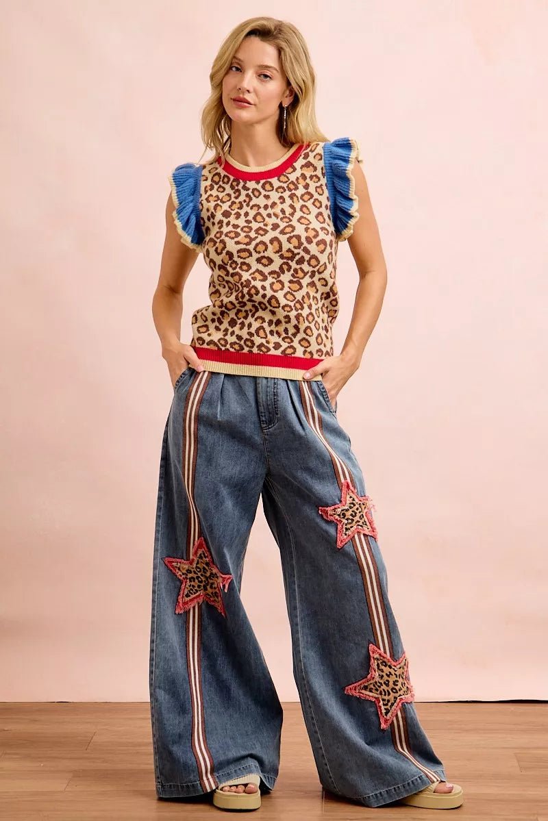 BiBi 4th Of July Leopard Ruffled Detail Knit Top - Bitsy Gypsy Boutique