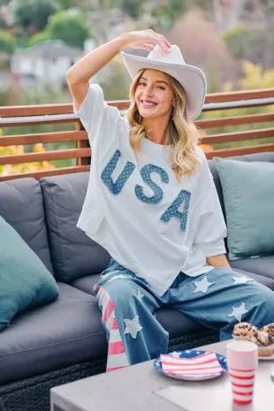 BiBi 4th Of July Usa Letter Patchwork French Terry Top - Bitsy Gypsy Boutique