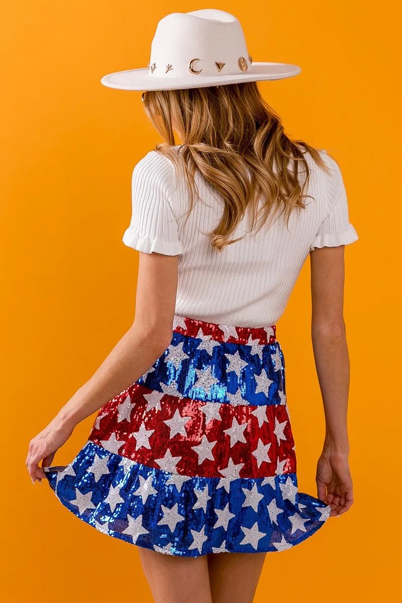BiBi American Flag Theme Star Sequin Tiered Skirt - Bitsy Gypsy Boutique