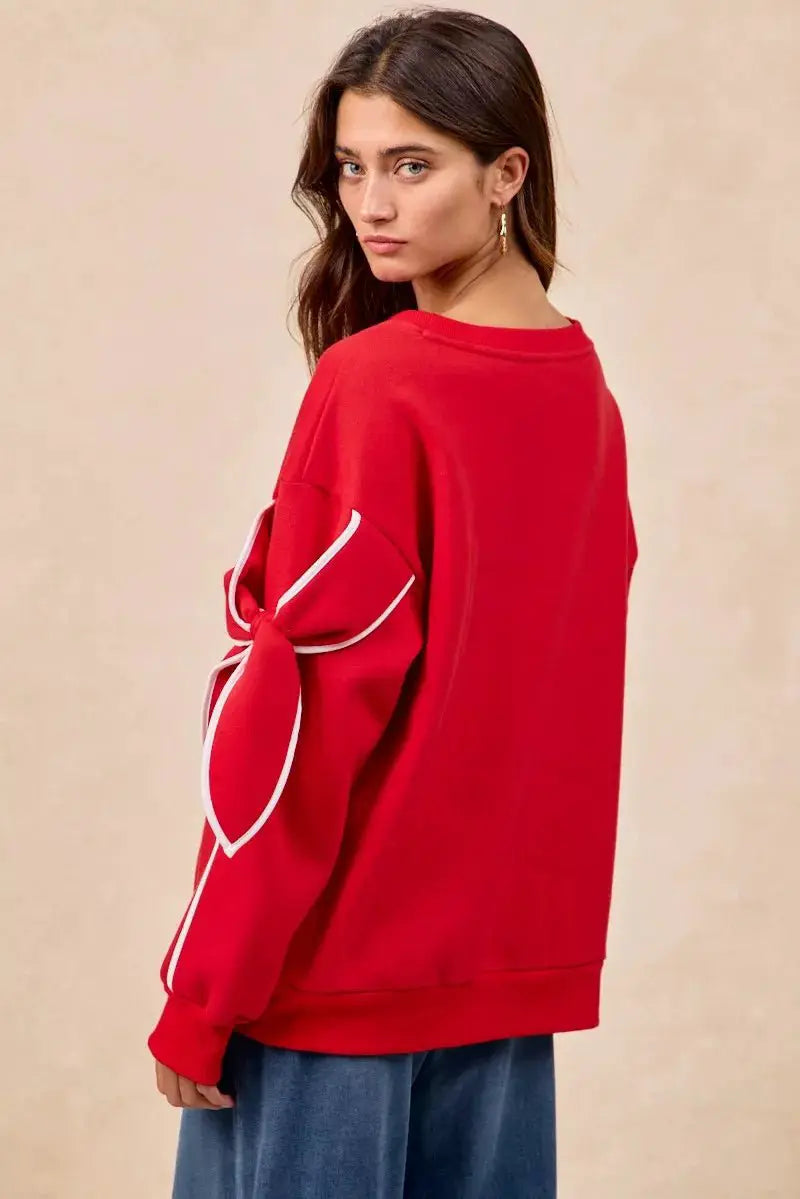 BiBi Bow Detail Sleeves Fleece Sweatshirt by Trendsi