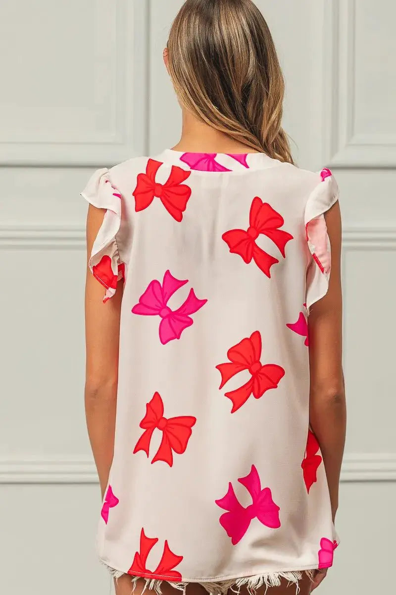 BiBi Bow Printed Woven Ruffled Sleeves V Neck Top by Trendsi