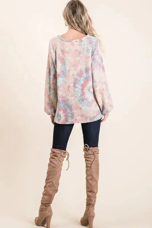 BiBi Brushed Tie Dye Print Top with Puff Sleeves by Trendsi