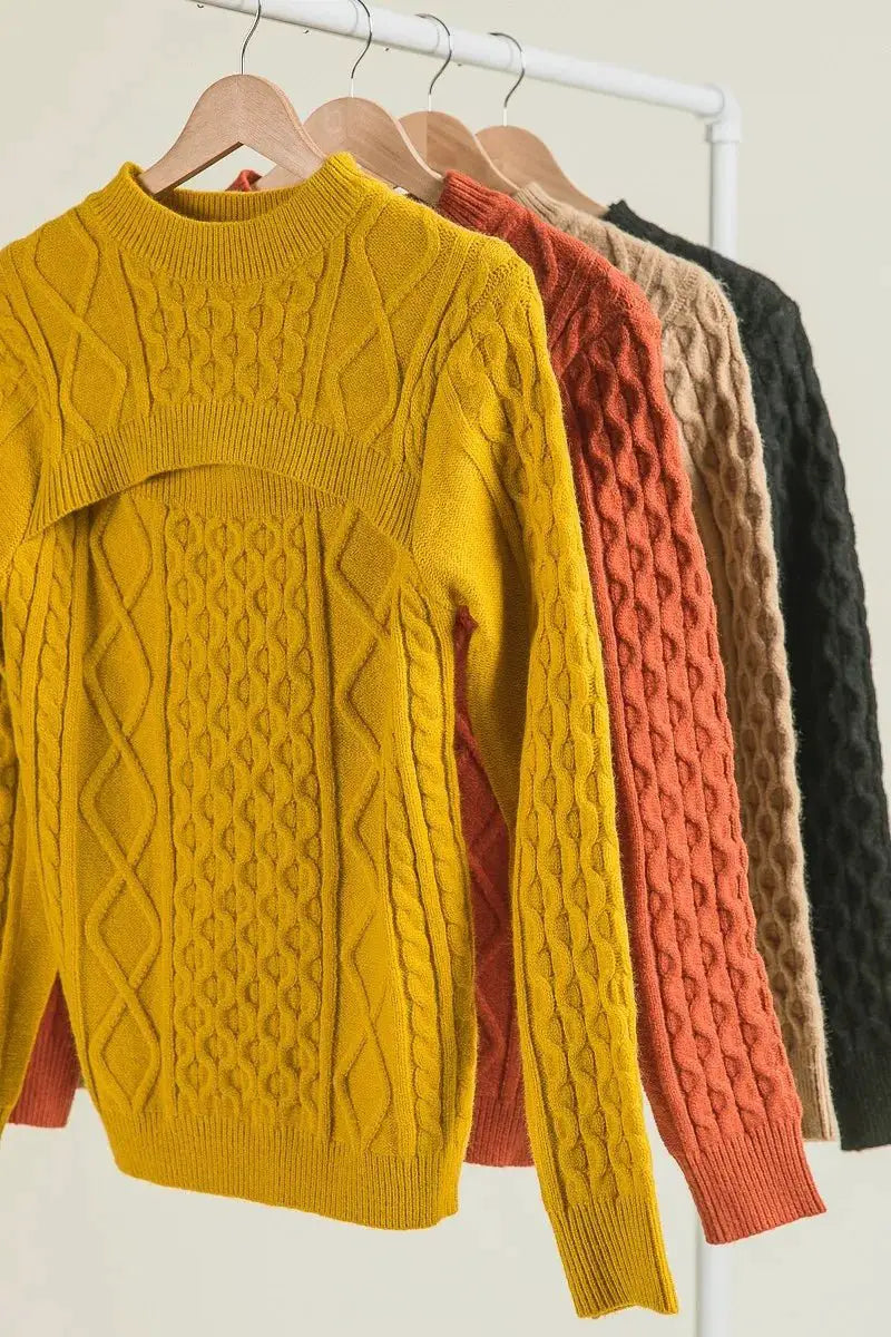 BiBi Cable-Knit Sweater with Cut Out Chest Detail by Trendsi