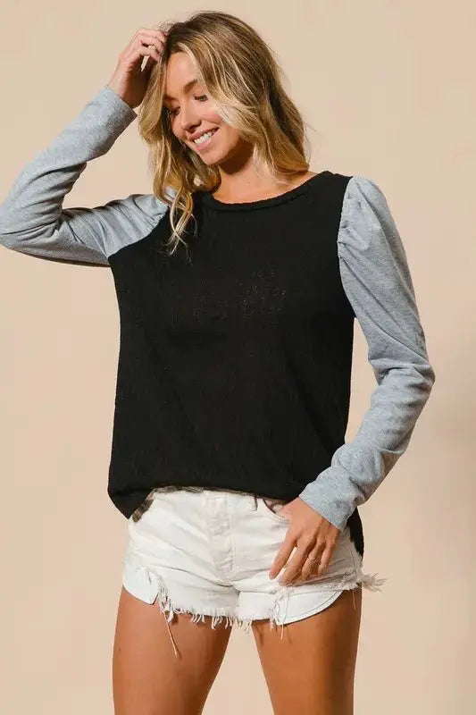 BiBi Cable Sweater Knit Top with Contrast Puff Sleeve by Trendsi