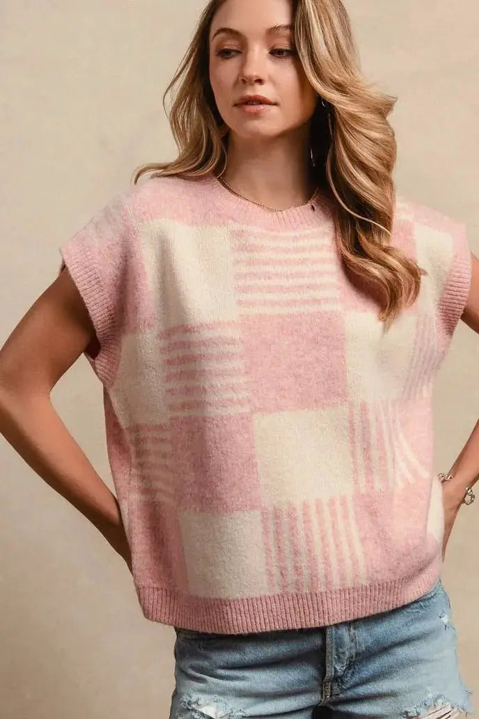 BiBi Checker With Stripes Pattern Sleeveless Sweater by Trendsi