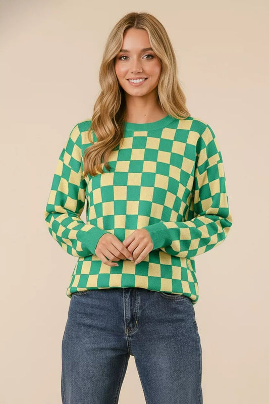 BiBi Checkered Pattern Sweater - Bitsy Gypsy Boutique