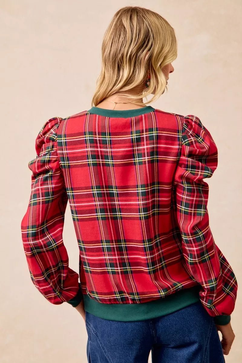 BiBi Christmas Plaid Exaggerated Shoulder Sleeves Top - Bitsy Gypsy Boutique