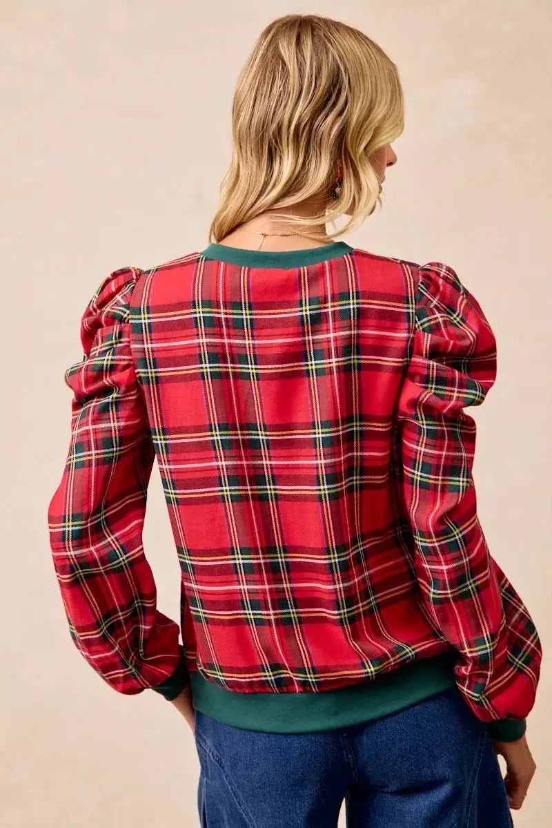 BiBi Christmas Plaid Exaggerated Shoulder Sleeves Top by Trendsi