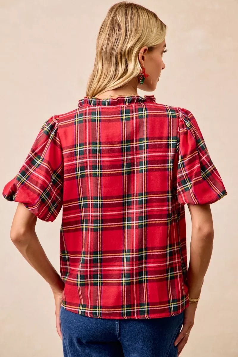 BiBi Christmas Plaid Short Sleeves Ruffled Blouse - Bitsy Gypsy Boutique
