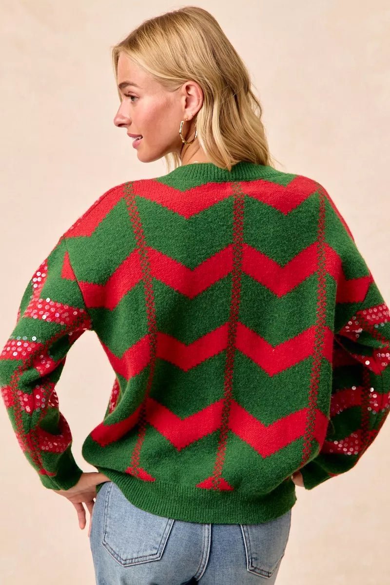 BiBi Christmas Theme Chevron Sequins Detail Sweater - Bitsy Gypsy Boutique
