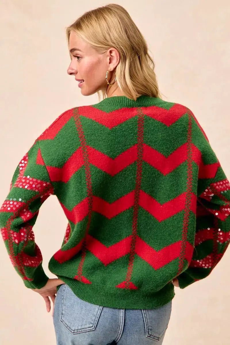 BiBi Christmas Theme Chevron Sequins Detail Sweater by Trendsi
